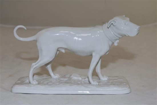 A Nymphenburg white glazed porcelain model of a standing hound, length 15.3cm (6in.)